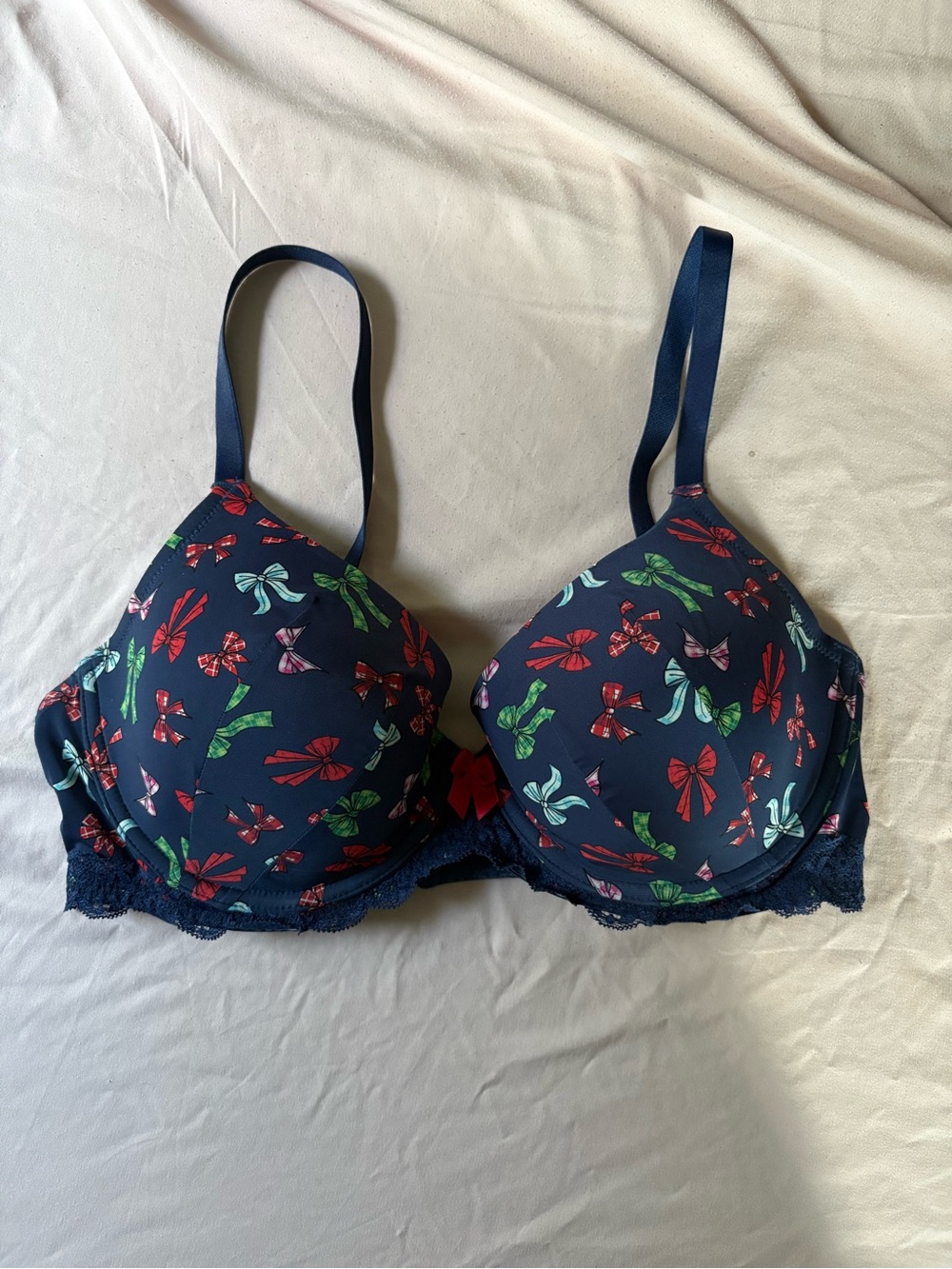 Adore Me Navy Bow-Print Padded Bra